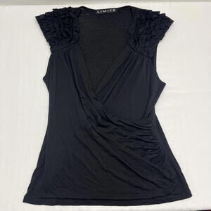VTG Limite black wrap front style blouse with ruffled shoulders USA made Sz L